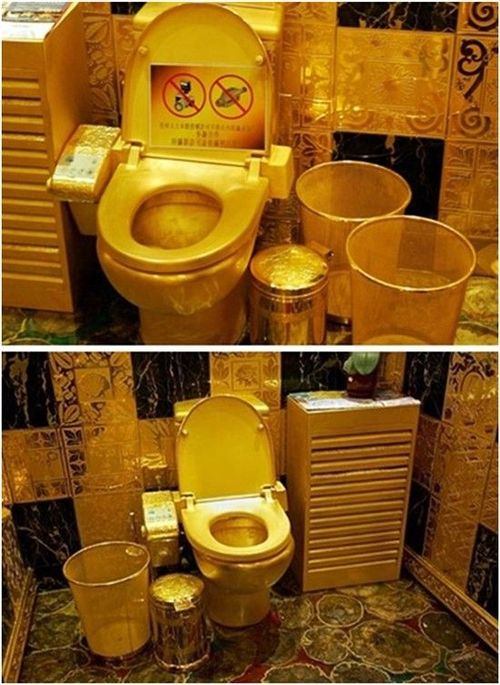 Nhà vệ sinh bằng vàng khối 24 cara của tập đoàn Hang Fung(Hồng Kông) được thiết kế bởi nhà chế tác trang sức nổi tiếng Lam Sai-wing. Ngoài bồn cầu bằng vàng, tường của khu vệ sinh cũng được làm bằng vàng. Giá của căn buồng vệ sinh này lên tới 2,5 triệu USD.