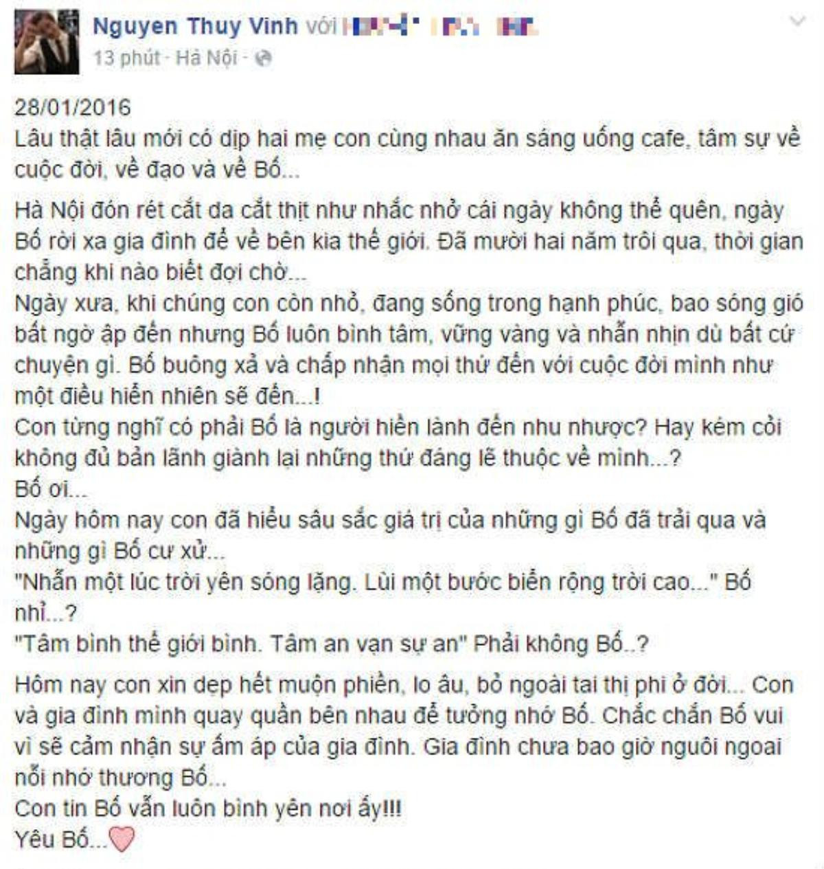 Đoạn trạng thái của Thúy Vinh trên trang Facebook riêng.